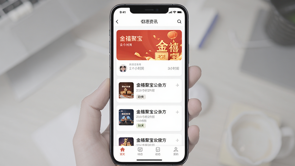 主体为手机资讯列表界面,屏幕显示“金禧聚宝”公告卡片与动态条目,布局为顶部标题栏中部卡片流底部标签栏,排版错落有致卡片间距均匀,风格为清爽素雅阅读风格,细节包括缩略图、时间戳与分类标签,画质清晰干净无多余元素