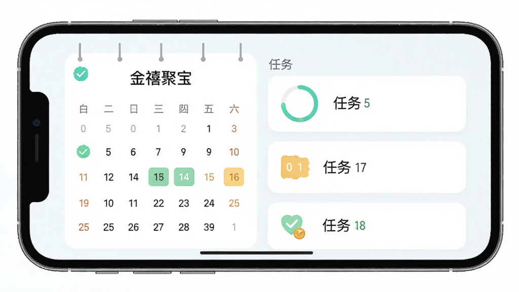 主体为手机界面特写,屏幕中央展示“金禧聚宝”签到日历面板与任务卡片列表,布局为上下分层手机居中,排版左侧为日历右侧为任务条目,风格为清新浅色扁平设计,细节包括打勾图标、进度环与日期高亮,画质清晰干净无杂乱元素