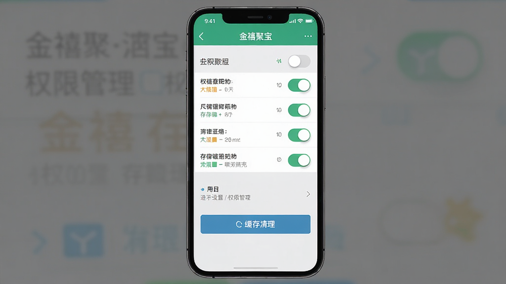 主体为手机屏幕显示“金禧聚宝”设置与权限管理界面,布局为手机居中屏幕内展示权限开关列表与缓存清理按钮,排版上下分区清晰,风格为实用工具类扁平设计,细节包括开关控件、存储条与提示文字,画质高清干净无多余元素