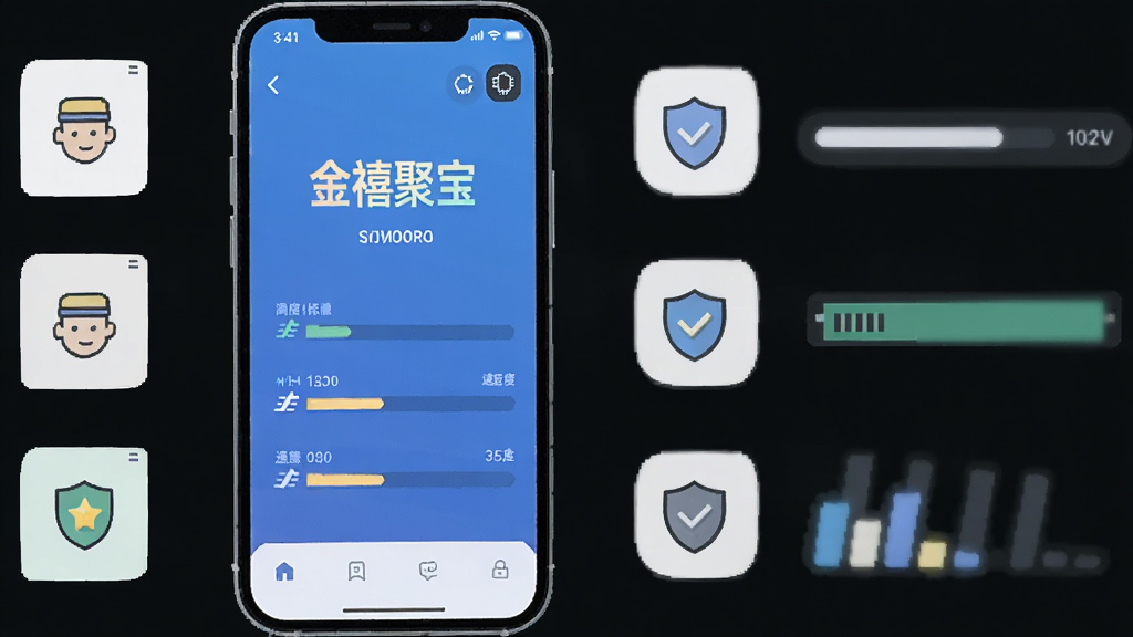 主体为手机与性能图标组合,屏幕显示“金禧聚宝”运行界面旁配有轻量图标,布局为手机居中左侧图标右侧数据条,排版平衡对称,风格为科技简约扁平风,细节包括内存条、速度线与盾牌图标,画质高清干净无杂乱背景