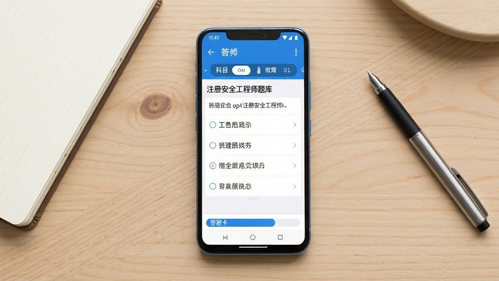 主体为一部竖屏安卓手机,屏幕上显示注册安全工程师题库的答题界面,顶部有科目切换标签,中部为单选题干与四个选项,底部有答题卡进度条;布局为手机居中放置于浅色木质桌面,旁边散落笔记本与签字笔;排版简洁突出手机屏幕内容;风格为清新写实的数码产品展示风;细节包括屏幕内文字清晰、界面配色以蓝白为主、桌面色调温暖;画质高清、画面干净、无多余元素