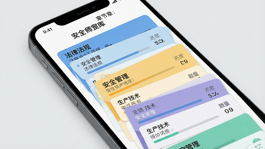 主体为注册安全工程师题库的章节列表界面特写,屏幕内展示法律法规、安全管理、生产技术等科目卡片;布局为手机斜置于浅灰背景中,卡片呈层叠展开状;排版突出章节层级关系;风格为扁平化信息图表风;细节包括每张卡片带进度条与题量数字、配色清爽;画质清晰、画面干净、无多余元素