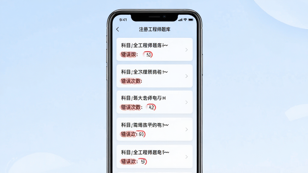 主体为注册安全工程师题库错题本界面,屏幕内列出多道错题条目并带有红色标记;布局为手机正面展示,背景为淡蓝色渐变;排版整齐列出题目卡片;风格为简洁学习类应用界面风;细节包括每条错题显示科目与错误次数、界面文字清晰;画质高清、画面干净、无多余元素
