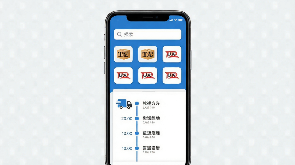一张手机屏幕展示快递跟踪速查软件首页,界面顶部为搜索框,下方整齐排列多个快递公司图标,中间区域显示包裹物流时间轴状态,整体采用蓝白配色,扁平化设计风格,画面干净整洁,高清画质,无多余装饰元素