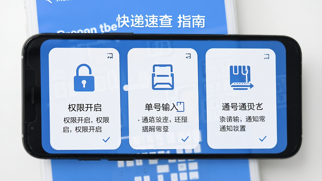 一张手机屏幕展示快递跟踪速查的使用指南页面,画面中为分步骤操作示意图,包含权限开启、单号输入、通知设置三个步骤卡片,配以简洁图标与文字说明,整体风格清爽,蓝白配色,高清画质,画面干净整洁