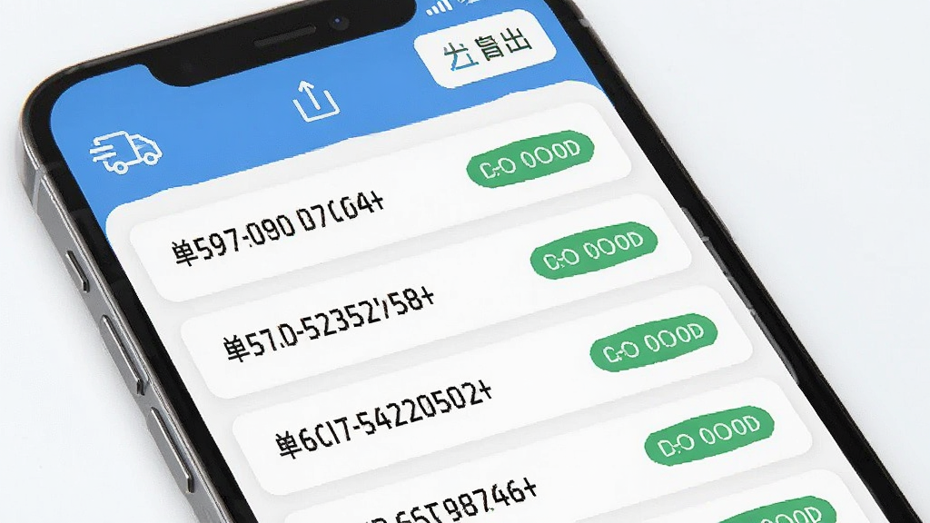 一张手机应用界面展示快递跟踪速查的批量查询功能,屏幕中显示多个单号列表及对应的物流状态标签,列表整齐排列,顶部有导出按钮,整体采用卡片式布局,浅色背景,高清画质,画面干净清晰