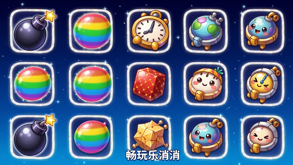 游戏道具界面展示,画面中排列着炸弹、彩虹球、时钟等卡通风格道具图标,图标带有发光描边,背景为深蓝色星空渐变,布局采用横向等距排列,风格精致可爱,细节突出道具的立体感与光泽,画质高清干净,画面中带文字