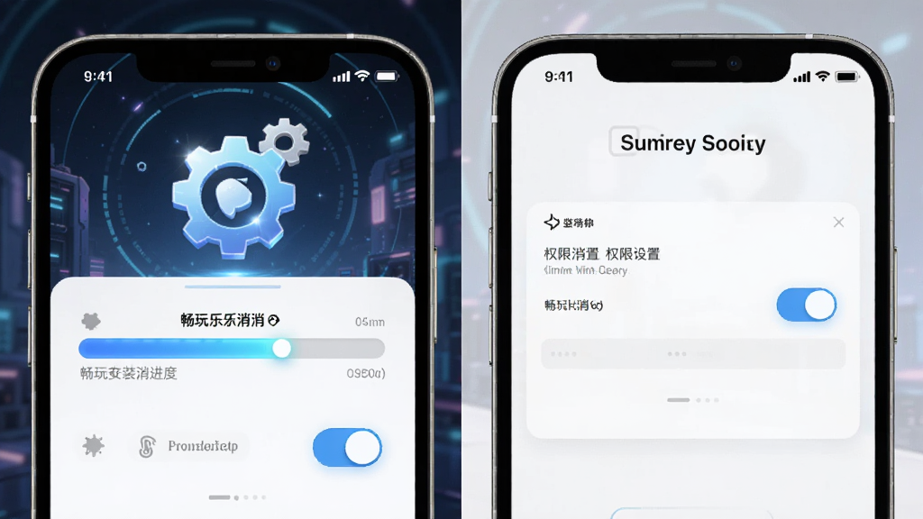 手机屏幕展示游戏安装进度条与权限设置界面,画面主体为手机与悬浮的齿轮图标,布局采用左右分栏构图,风格简洁科技感,细节突出进度条光效与权限开关按钮,画质清晰干净,画面中带文字