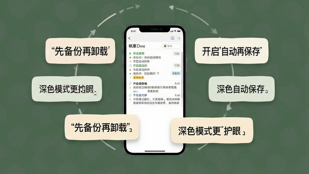 主体为一部手机与若干悬浮的提示卡片,卡片上分别写有「先备份再卸载」「开启自动保存」「深色模式更护眼」等短句;布局上手机位于画面中央,卡片呈环形分布在手机四周;排版上卡片大小错落、间距均匀;风格为扁平化信息图风格;细节上卡片为浅色底、圆角边框,文字清晰,手机屏幕显示记事本日记列表界面;画质高清、干净、无多余元素