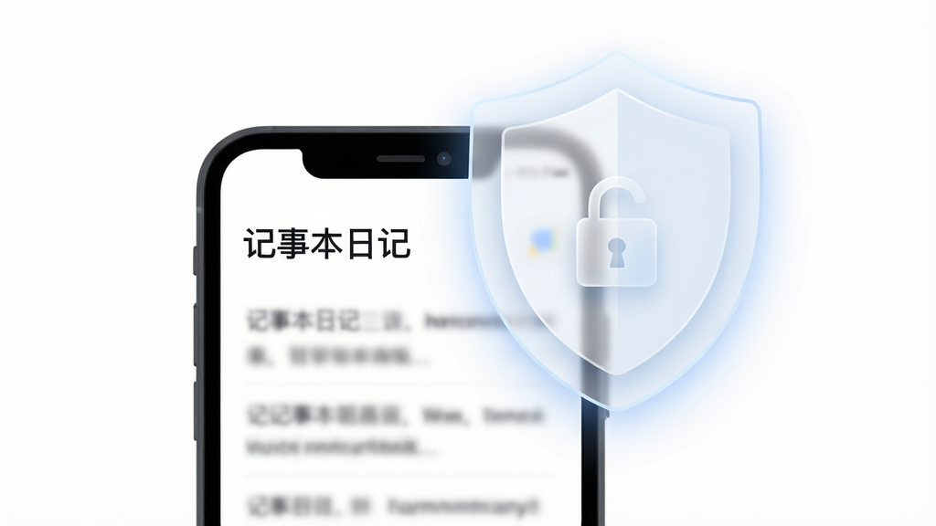 画面主体是一部手机与一个半透明的盾牌图标,盾牌内有一把小锁;布局上手机居中偏左,盾牌悬浮在手机屏幕右上方;排版上盾牌与手机形成视觉呼应,背景大面积留白;风格为简洁扁平化科技插画风;细节上手机屏幕显示「记事本日记」四个字与几条模糊的文字条目,盾牌边缘有柔和光晕;画质高清、干净、无多余元素