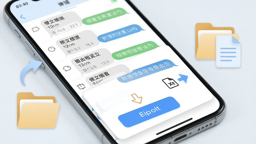 手机短信恢复查询短信预览与导出界面图,画面展示一部手机屏幕上方为短信列表,下方弹出短信详情预览窗口,窗口内有导出按钮和文本文件图标,手机旁边有文件夹和文档符号,整体采用浅色清新风格,布局上下分层清晰,细节上突出短信气泡和导出箭头,画质高清干净,无多余装饰