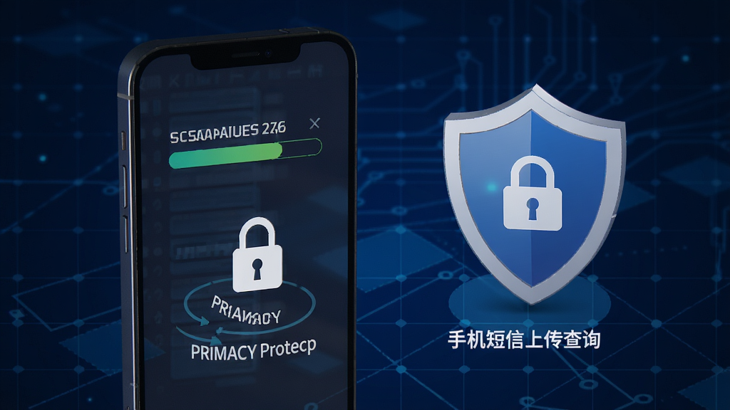手机短信恢复查询本地扫描功能示意图,画面中一部手机正在执行短信数据库扫描,手机屏幕显示扫描进度和隐私保护锁图标,手机旁边有一个盾牌图案表示数据不上传云端,背景为深蓝色科技网格,风格简洁商务,细节上突出本地存储和离线运行标识,画质清晰干净,无杂乱元素