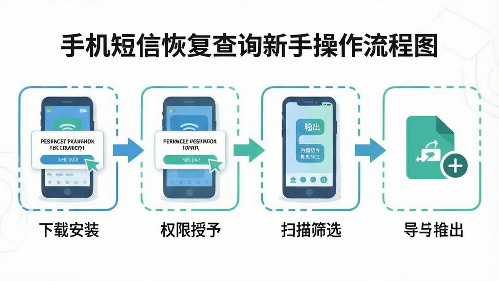 手机短信恢复查询新手操作流程图,画面以横向流程图形式展示从下载安装到权限授予再到扫描筛选导出的完整步骤,每个步骤用图标加简短文字标注,整体采用扁平化插画风格,配色以蓝绿为主,布局从左至右依次排列,细节上突出权限弹窗和导出文件图标,画质清晰干净,无多余背景元素