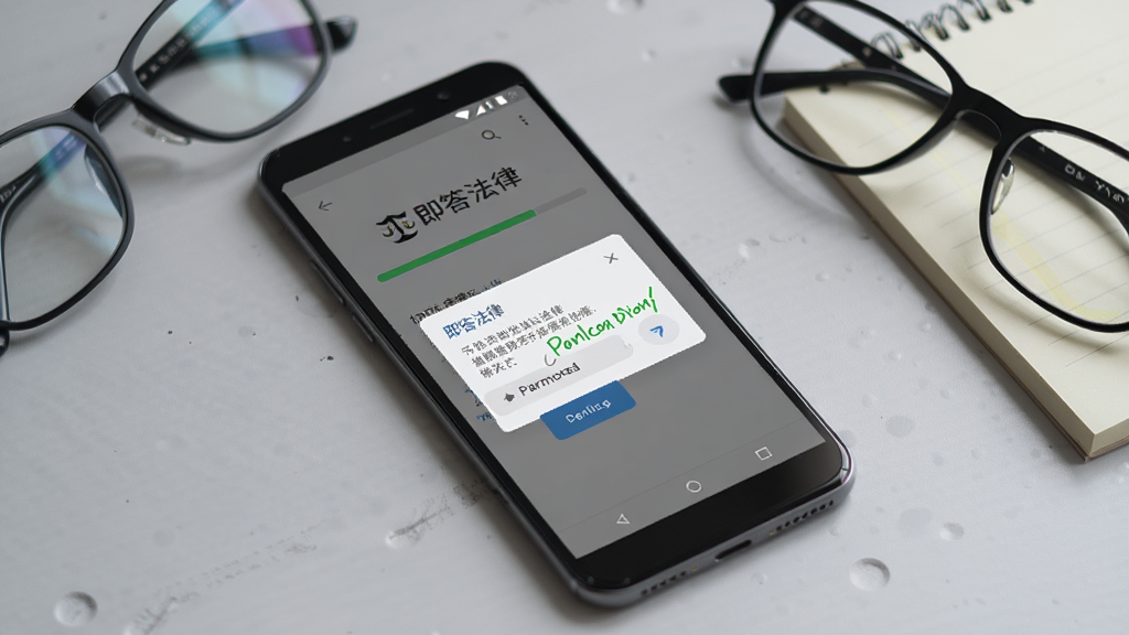 画面为一部安卓手机斜放在桌面上,屏幕显示即答法律的安装进度条与权限设置弹窗,手机旁放着一副眼镜和一本便签;背景为浅灰色桌面,整体采用写实风格,布局简洁,光线柔和,细节清晰,画质高清,无多余杂物