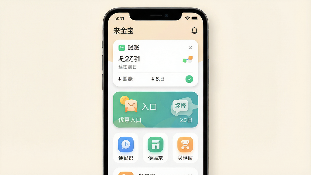 一张手机界面展示图,主体是一部竖屏安卓手机,屏幕上呈现生活服务类应用的首页布局,包含记账卡片、优惠入口与便民工具图标,布局为手机居中、浅色背景衬托,排版简洁规整,风格为清爽扁平化UI展示风,细节包含圆角图标、柔和阴影、清晰文字标签“来金宝”,画质高清,干净,无多余元素