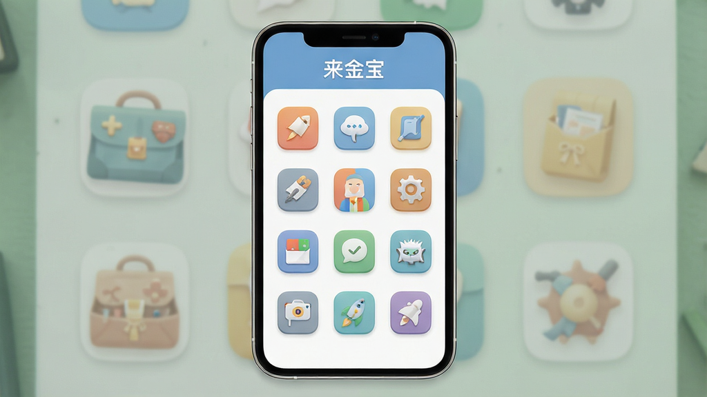 一张便民工具集合界面展示图,主体为手机屏幕,屏幕上以网格形式排列多个小工具图标,布局为图标矩阵居中、顶部标题栏清晰,排版整齐对称,风格为轻拟物扁平风,细节包含“来金宝”文字标题、圆角图标、柔和底色,画质高清,干净,无多余元素