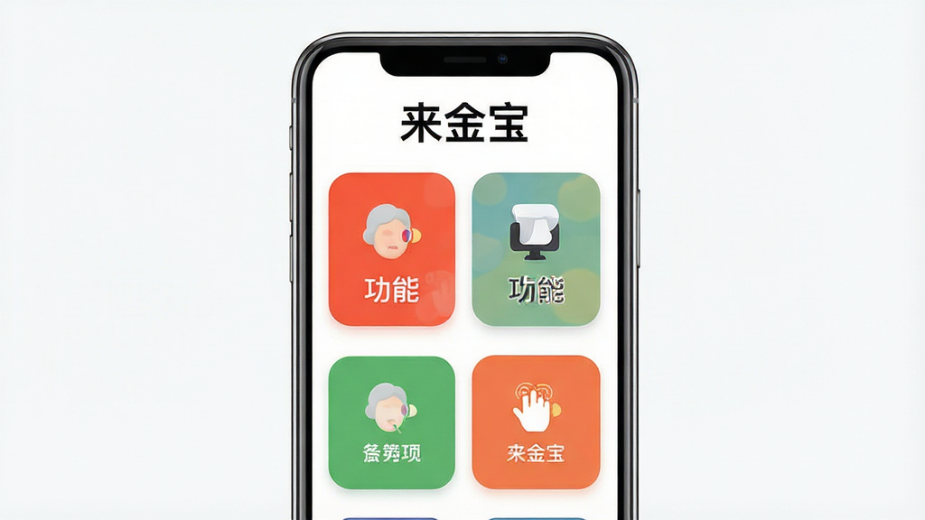 一张简洁界面操作展示图,主体为手机屏幕正面,屏幕上展示大字号按钮与清晰功能分区,布局为手机居中、背景干净,排版突出可点击区域,风格为适老化简洁设计风,细节包含“来金宝”标题、大图标、高对比文字,画质高清,干净,无多余元素