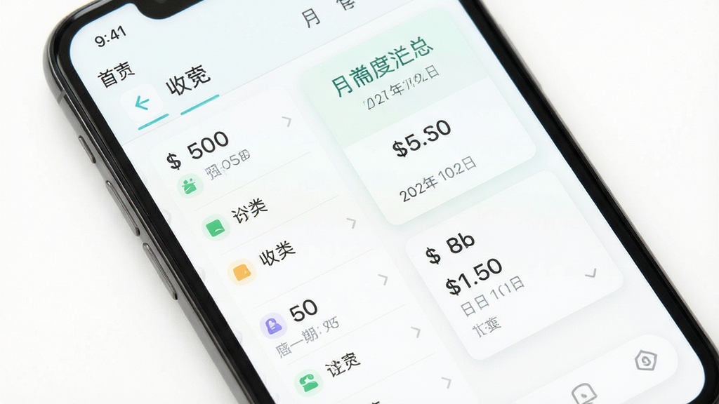 一张记账功能界面展示图,主体为手机屏幕特写,屏幕上显示收支记录列表与月度汇总卡片,布局为手机正面居中、周围留白,排版突出数据卡片与列表层级,风格为清新浅色系UI展示,细节包含数字金额、分类图标、日期标签,画质高清,干净,无多余元素
