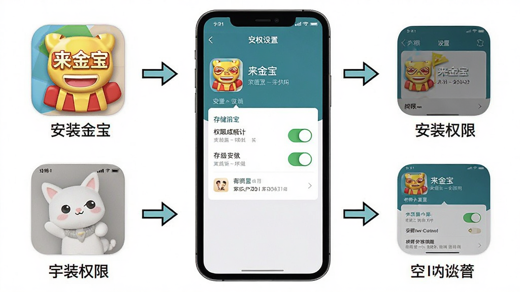 一张手机安装与设置操作示意图,主体为手机屏幕展示安装权限设置页面,布局为手机居中、旁边配简洁箭头指示,排版清晰分步,风格为教程图解风,细节包含“来金宝”应用图标、权限开关、存储空间提示,画质高清,干净,无多余元素