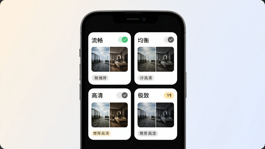 黑盒画质大师智能画质预设界面展示图,画面中央为手机屏幕显示四张卡片式预设方案,分别标注流畅、均衡、高清、极致,卡片采用圆角设计并配有对应的画质对比缩略图,背景为浅色渐变,风格简洁现代,细节包含勾选状态与推荐标签,画质清晰,干净无杂物