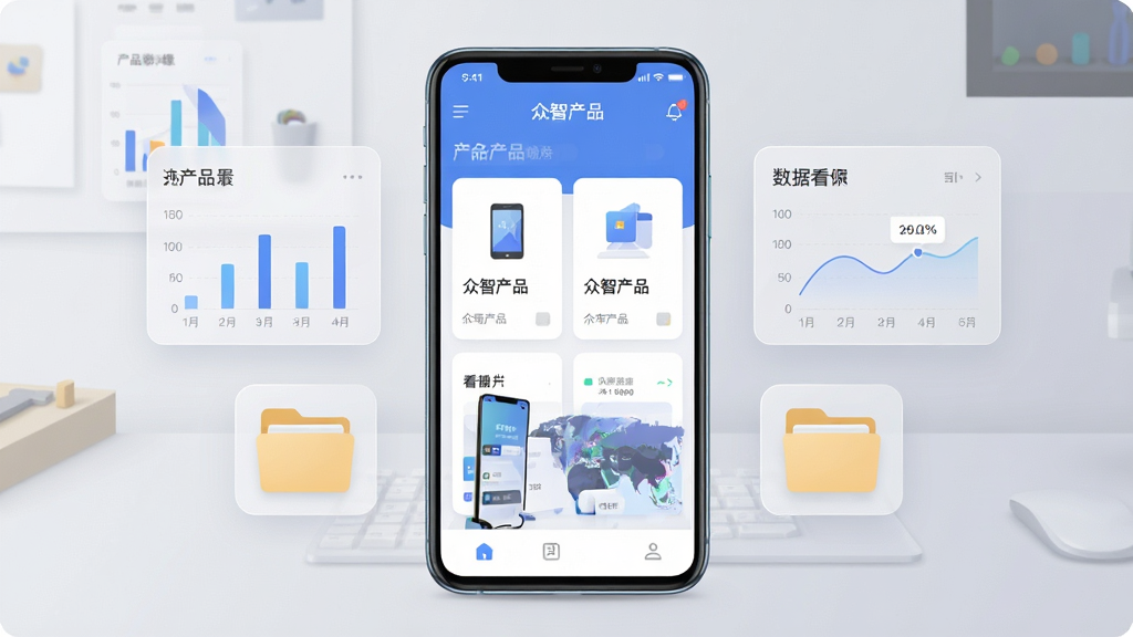 主体为一台竖屏安卓手机,屏幕中央展示众智产品应用主界面,界面包含产品列表卡片与数据看板模块,手机两侧漂浮半透明的产品参数图表与文件夹图标,布局采用居中对称构图,背景为浅灰渐变工作台场景,风格为简洁商务扁平化插画,细节上手机边框带有轻微高光、图标圆角统一、文字标注“众智产品”清晰可辨,画质高清干净、无多余装饰元素