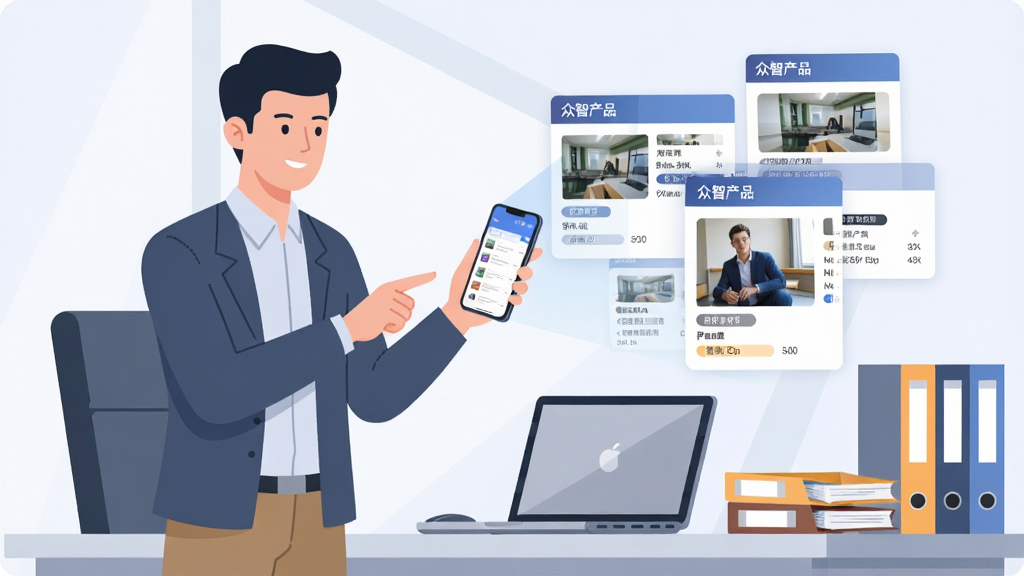 画面主体为一名穿商务休闲装的男性用户站在办公桌前用手机操作众智产品应用,手机屏幕投射出悬浮的虚拟产品资料卡片阵列,卡片上带有图片缩略图与参数标签,布局为左侧人物右侧悬浮卡片群,风格为现代扁平商务插画,细节包含桌面笔记本电脑与文件夹、人物手势指向屏幕、卡片标注“众智产品”字样,画质清晰干净、无杂乱背景元素