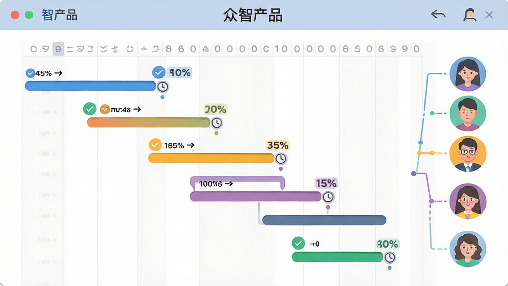 主体为横向展开的甘特图式时间线界面,多个彩色进度条代表不同产品项目节点,时间线右侧连接一组人物头像图标表示团队成员,布局为左图右人、上下分层的结构,风格为清爽信息图表插画,细节上进度条带百分比标签、节点处有对勾与时钟小图标、界面顶部标注“众智产品”,画质高清、画面干净无多余元素
