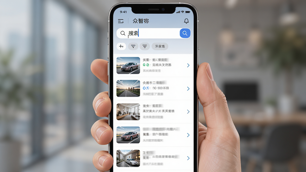 画面主体为一只手握持手机,手机屏幕显示众智产品的搜索框与结果列表,搜索框内有光标与输入文字,结果列表为多行带缩略图的条目,布局为手机居中放大、背景虚化处理,风格为写实科技感插画,细节包含搜索图标、筛选标签按钮、列表条目右侧的箭头标识,画质细腻干净、无多余装饰