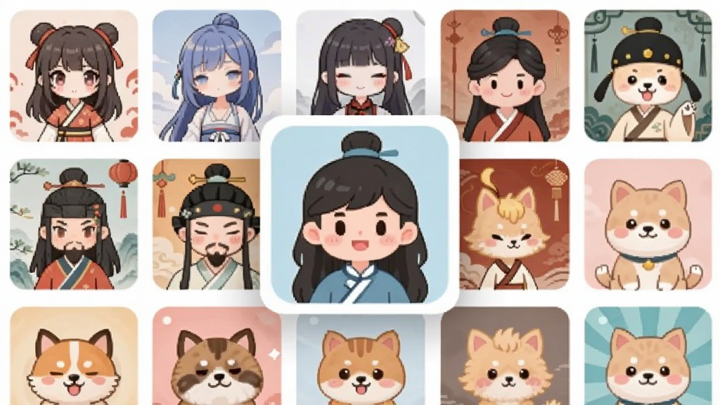 一张手机屏幕展示头像生成精灵应用主界面,画面中央是方形头像预览区,四周环绕卡通、动漫、国风、萌宠等风格模板缩略图,界面干净明亮,扁平化UI风格,细节清晰,画质细腻,无多余元素