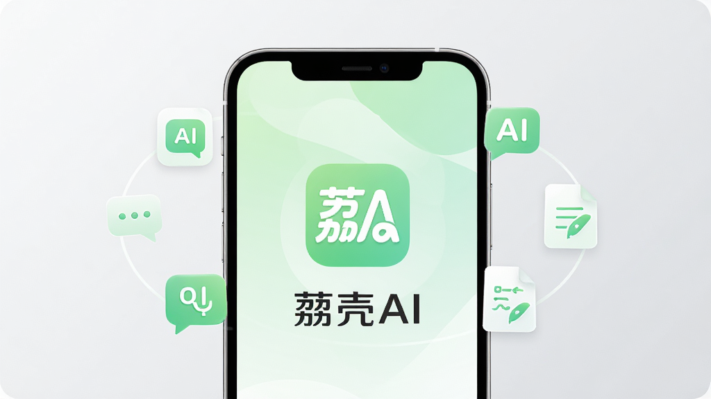 画面中央放置一部智能手机,手机屏幕上显示“荔壳AI”的启动界面,界面以浅绿色和白色为主色调,周围环绕简洁的AI对话气泡图标与文档生成图标,背景为干净的浅灰渐变,整体风格清爽现代,排版居中对称,细节上突出应用图标与品牌名,画质清晰锐利,干净无多余元素