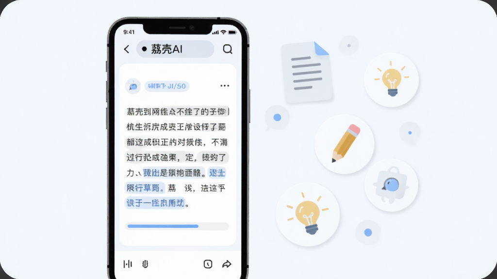 画面展示“荔壳AI”内容生成功能的使用场景,手机屏幕中显示一篇正在生成的短文草稿,屏幕旁边漂浮着文档、铅笔、灯泡等简约图标,整体为浅色系扁平风格,布局为手机居中偏左、图标环绕右侧,细节上强调生成进度条与文字排版,画质清晰,干净无多余装饰