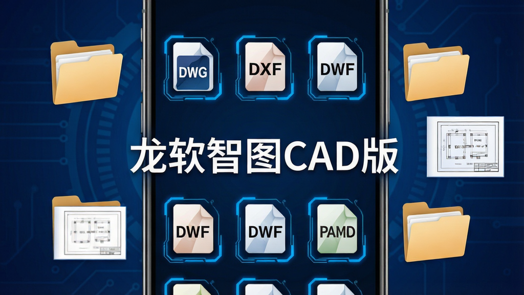 一部手机屏幕特写,屏幕中显示多种CAD文件格式图标整齐排列,包括DWG、DXF、DWF等标识,图标带有蓝色科技感边框,手机旁边悬浮着文件夹和图纸缩略图元素,背景为深蓝色渐变科技风格,画面中央有文字