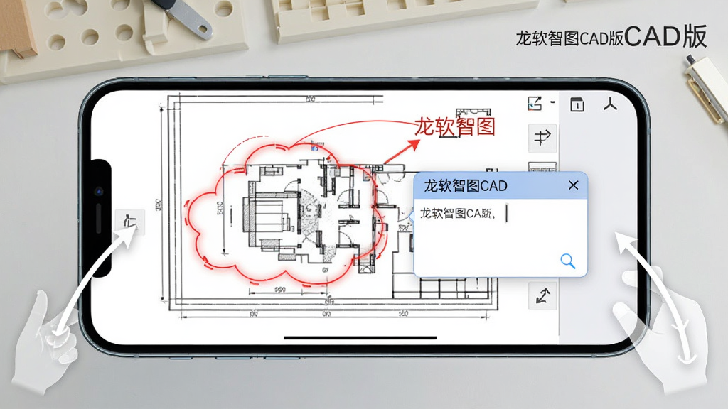 手机横屏展示CAD图纸批注界面,屏幕中有红色云线和箭头标注指向图纸某处,旁边弹出文字输入框,手机两侧有虚拟手势示意线条,背景为浅色工作台面,风格清爽现代,画面中有文字