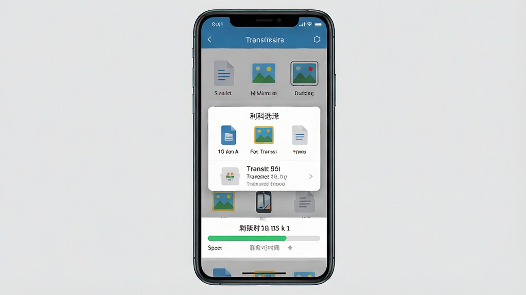 一张展示利科文件传输功能的手机界面图,画面包含文件选择弹窗与传输进度条,文件图标以文档和图片形式呈现,界面风格扁平化,配色明快,细节展示传输速度与剩余时间提示,整体布局规整,画质清晰,画面干净无冗余