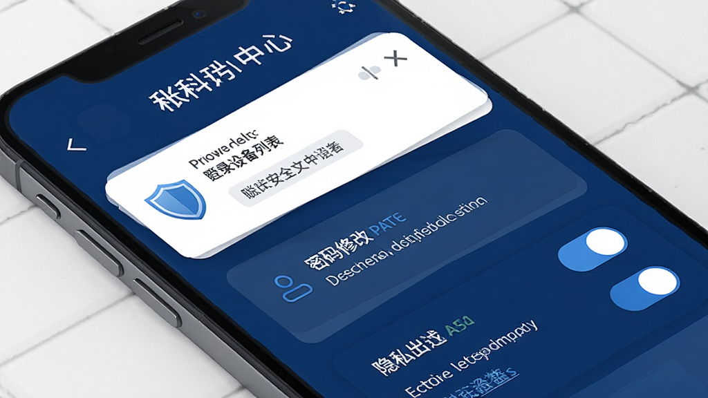 一张表现利科隐私安全设置的手机界面示意图,画面展示账号安全中心页面,包含登录设备列表、密码修改入口与隐私开关选项,风格沉稳专业,配色以深蓝与白色为主,细节呈现盾牌图标与状态提示,画质高清,构图简洁,无多余元素