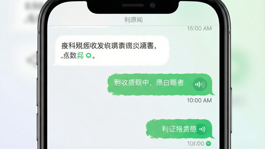 一张表现利科消息收发场景的界面示意图,画面主体为手机聊天窗口,左侧为接收方消息气泡,右侧为发送方消息气泡,消息内容包含文字与语音条图标,背景为浅色渐变,风格清爽简约,细节处展示时间戳与已读状态标记,画质清晰,构图干净,无多余装饰元素