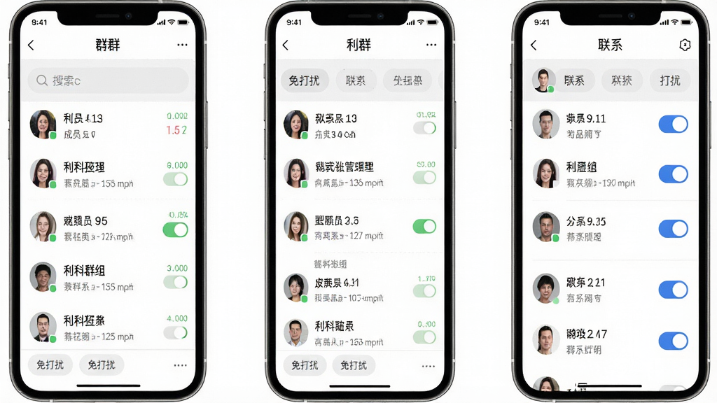 一张利科群组管理页面的手机界面渲染图,画面展示群聊列表与联系人分组面板,包含群头像、成员数量标识与免打扰开关图标,布局为上下结构,风格偏商务简洁,配色以白色与浅灰为主,细节呈现搜索框与标签分类,画质高清,画面整洁,无杂乱元素