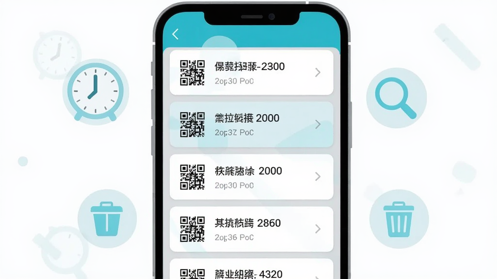 画面展示一部手机屏幕上的扫码历史记录列表界面,列表项以卡片形式排列,每张卡片左侧有二维码小图标,右侧显示识别内容摘要与时间,手机旁边漂浮着时钟、放大镜、垃圾桶等半透明图标,采用扁平化UI风格,配色以浅灰与青蓝为主,布局清晰有层次,画质干净,无多余元素