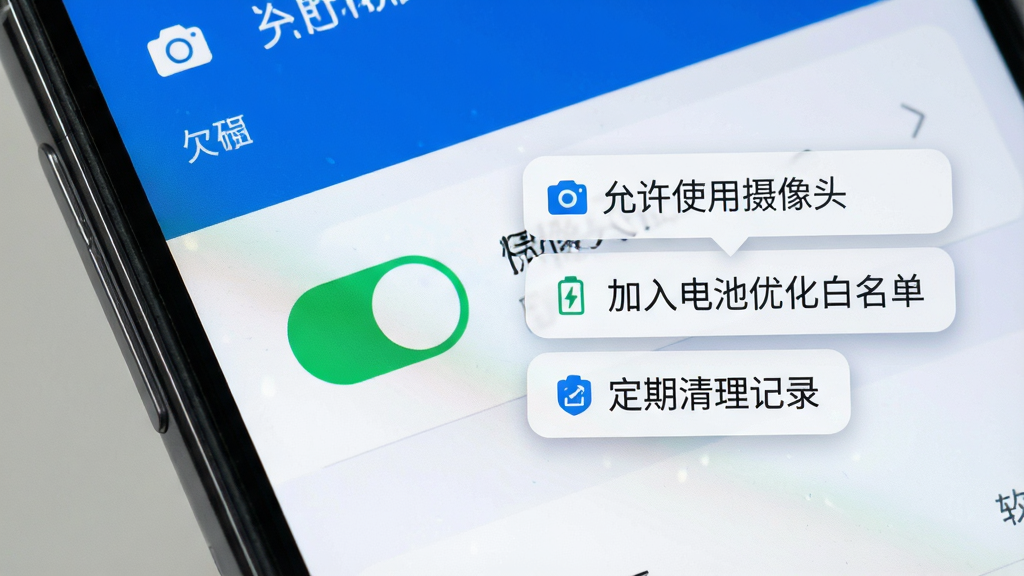 画面为一部手机屏幕特写,显示应用权限设置页面,摄像头权限开关处于开启状态,旁边以浮层形式展示“允许使用摄像头”“加入电池优化白名单”“定期清理记录”三个提示标签,采用写实界面风格,配色以系统蓝白为主,构图聚焦屏幕内容,细节清晰,画质干净,无多余元素