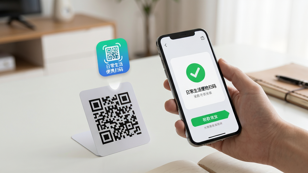 画面主体为一只手持智能手机对准桌面上的一张二维码卡片,手机屏幕显示识别成功的绿色对勾与跳转提示,背景是简洁的居家桌面环境,采用写实风格与柔和光线,构图突出手机与二维码的互动关系,画面中可出现“日常生活便携扫码”字样的应用图标悬浮于手机上方,画质细腻,干净无杂乱元素