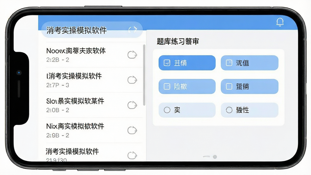 画面主体为手机屏幕展示题库练习界面,布局为左侧题目列表、右侧答题区域;排版为界面截图式构图、信息层级清晰;风格为简洁教育类APP界面;细节为题目文字清晰、选项按钮圆角、顶部标注“消考实操模拟软件”名称;画质为高清、干净、无多余元素
