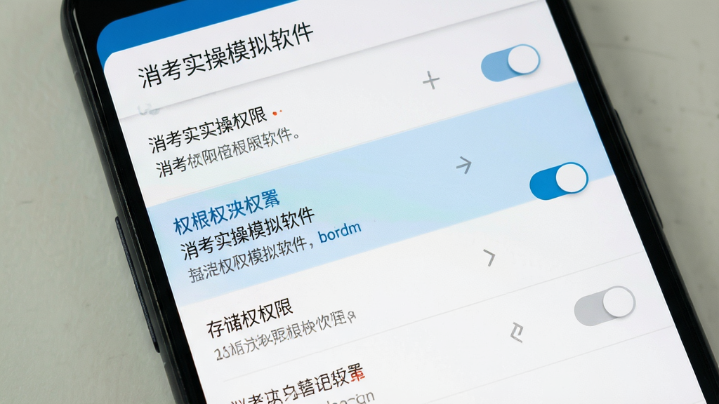 画面主体为安卓手机显示应用权限设置页面,布局为权限列表纵向排列;排版为界面截图式构图、重点权限项高亮;风格为简洁系统设置界面;细节为存储权限开关清晰、页面顶部标注“消考实操模拟软件”名称;画质为高清、干净、无多余元素