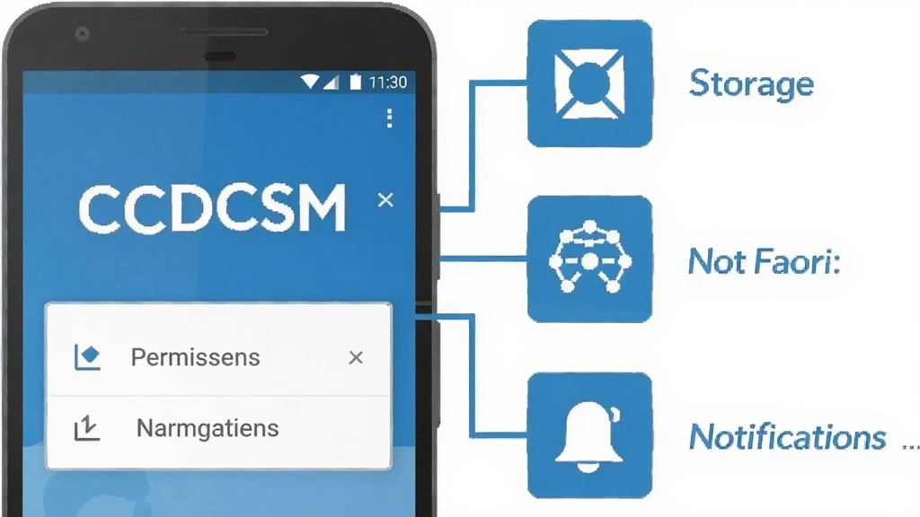 画面为一张信息图风格的插图,左侧是一部安卓手机,屏幕显示“CCDCSM”的权限管理页面,右侧用图标和连线展示存储、网络、通知等权限项;整体采用蓝白配色,扁平化信息图风格,布局左右对称,细节清晰,画质干净,无多余装饰元素