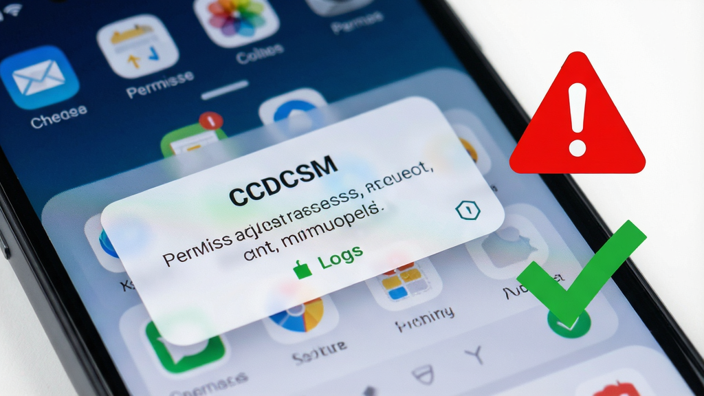 一张手机屏幕特写图,屏幕显示“CCDCSM”应用出现提示弹窗的场景,弹窗内容为权限请求,背景为应用主界面;画面右侧叠加一个红色警示图标与绿色对勾图标,形成对比;风格为数码产品特写风,光线明亮,细节锐利,画质清晰,画面干净无杂乱元素