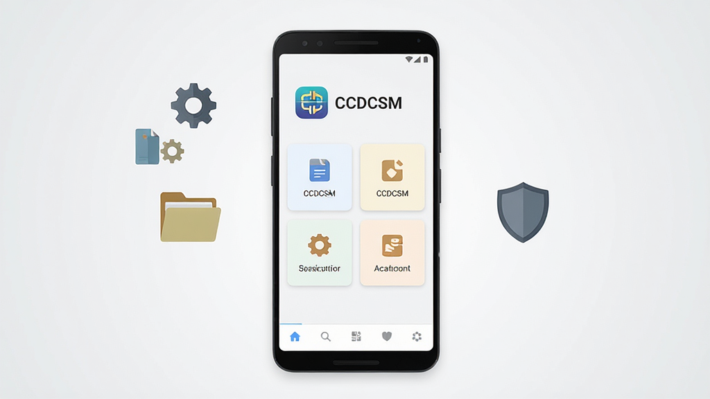 画面中央放置一部竖屏安卓手机,手机屏幕显示“CCDCSM”应用主界面,界面采用浅色卡片式布局,上方为软件名称与图标,中部排列四个功能入口按钮,下方为底部导航栏;手机左右两侧分别摆放齿轮、文件夹、盾牌等扁平化小图标,背景为干净的浅灰渐变;整体风格为现代扁平化UI展示风,细节清晰,画质锐利,画面干净无多余元素