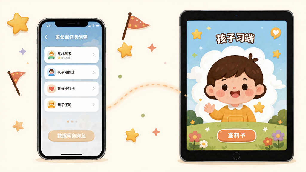 星林亲子习惯打卡软件亲子双端打卡功能展示图,画面左侧是一部手机显示家长端任务创建界面,右侧是一部平板显示孩子端卡通风格的打卡界面,两个设备之间用一条柔和的虚线连接表示数据同步,画面中点缀星星和小旗帜元素,整体布局左右对称、排版清晰,风格温暖亲切的插画风,细节丰富,画质干净,无多余装饰