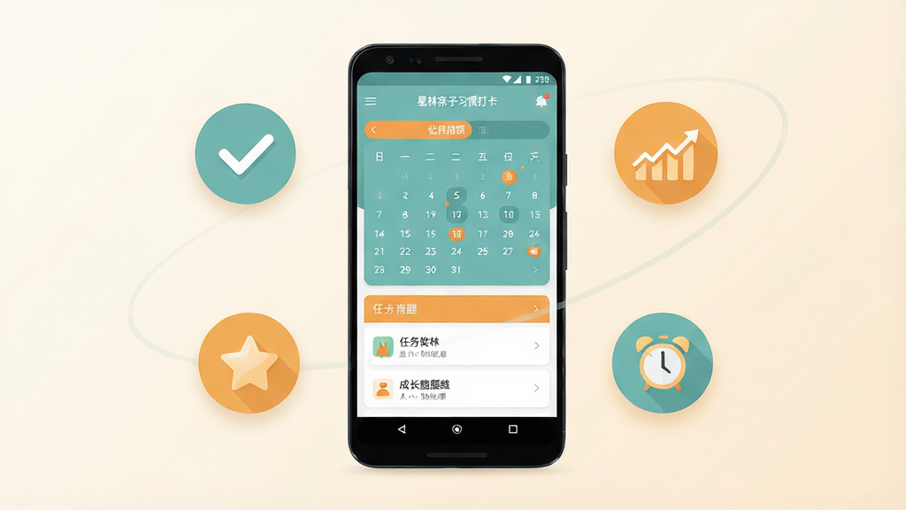 一张展示星林亲子习惯打卡软件界面的产品全貌图,画面中央是一部竖屏安卓手机,手机屏幕上清晰呈现软件首页的打卡日历与任务列表界面,界面主色调为柔和的青绿色与暖橙色,手机周围环绕着几个悬浮的圆形图标分别代表打卡勾选、星星奖励、成长曲线和闹钟提醒,背景为干净的浅米色渐变,整体风格清新简约、扁平化设计,细节精致,画质清晰,画面干净无多余元素