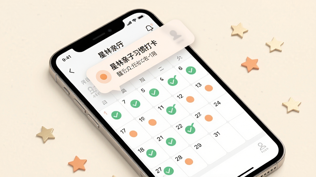 星林亲子习惯打卡软件日历视图与提醒功能展示图,画面主体是一部手机斜放在浅色背景上,屏幕显示月历视图,日期格子内有绿色勾选标记和橙色待办圆点,屏幕上方弹出一条温柔的提醒通知气泡,手机旁边散落着几颗小星星装饰,整体布局为对角线构图,风格清新简约的扁平化设计,色彩柔和,细节清晰,画质干净,无多余元素