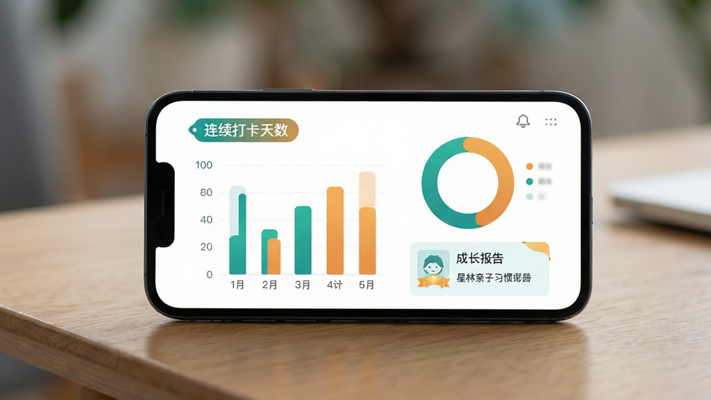 星林亲子习惯打卡软件数据统计页面展示图,画面为一部手机屏幕特写,屏幕上显示柱状图与环形图组合的打卡数据统计界面,图表配色为青绿与暖橙,旁边有连续打卡天数的小标签和成长报告卡片,手机放置在一张木质桌面上,背景虚化处理,整体布局居中突出屏幕内容,风格现代简洁的UI展示风,细节精致,画质清晰,画面干净