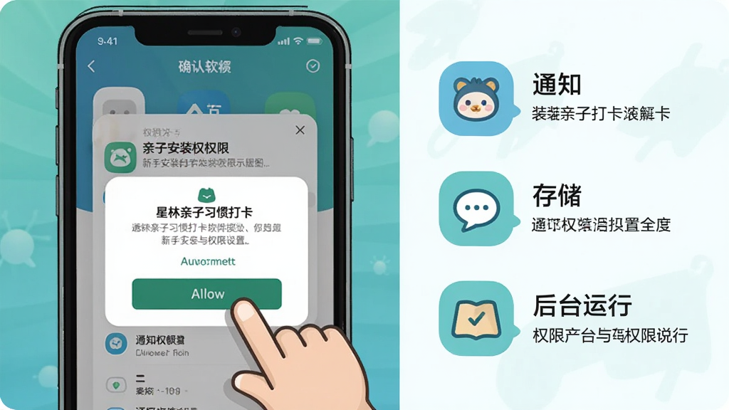 星林亲子习惯打卡软件新手安装与权限设置示意图,画面为一部手机屏幕特写,屏幕上显示应用安装确认弹窗与通知权限授权界面,旁边有一个卡通手指正在点击允许按钮,画面右侧用小图标列出通知、存储、后台运行三项权限说明,整体布局为左右分栏结构,风格简洁明了的操作指引插画风,色彩以蓝绿为主,细节清晰,画质干净,无多余元素